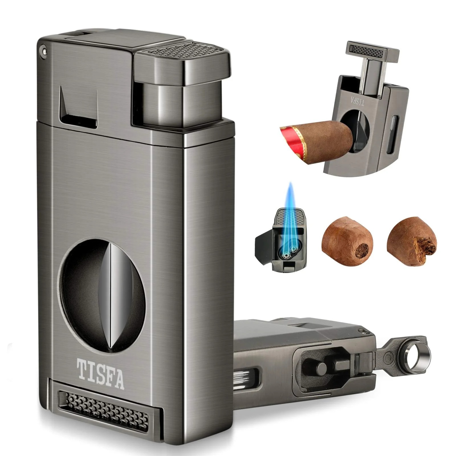 Tisfa Torch Lighter With V Cutter, Hole Punch, Double Flame
